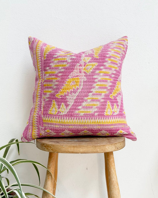 Handmade Vintage Kantha Cushion Cover In Pink- 45cm (18") Square - Biggs & Hill