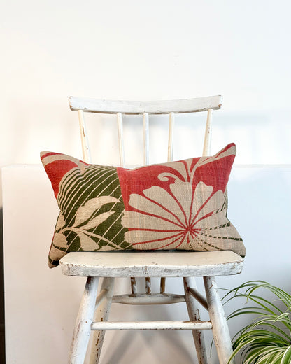 Vintage Kantha Cushion In Forest Green and Pink - Small Rectangular