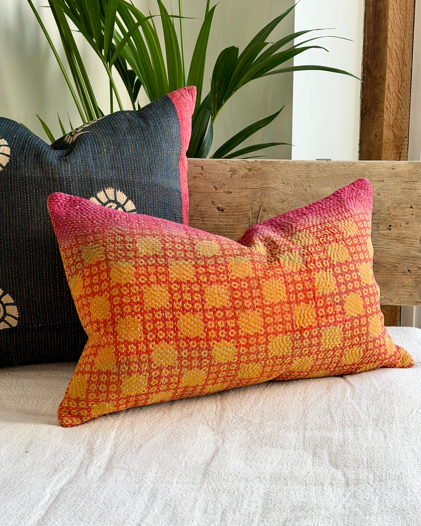 Vintage Kantha Cushion In Pink and Yellow - Small Rectangular