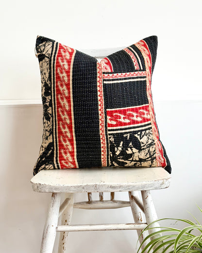 Vintage Kantha Cushion In Black and Red- 45cm Square