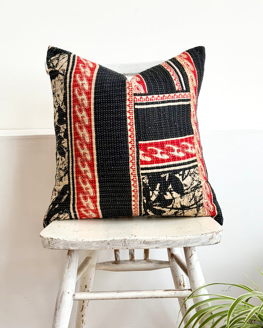 Vintage Kantha Cushion In Black and Red- 45cm Square