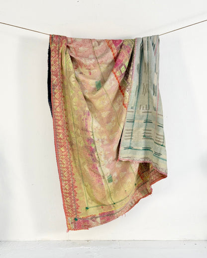 Large Textured Vintage Kantha Quilt In Soft Yellow, Green, Pink and Blue - Biggs & Hill