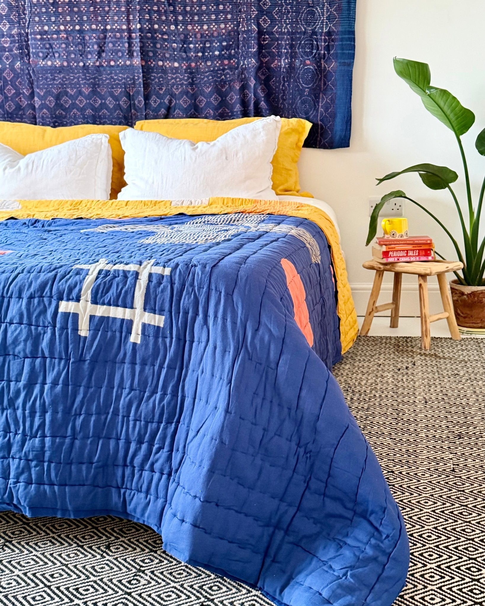 Quilted Kantha In Blue and Yellow With Geometric Patterns - SUPER KING - Biggs & Hill