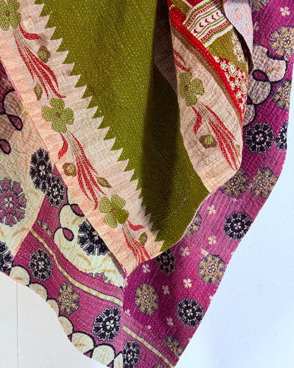 Large Fine Stitched Vintage Kantha Quilt in Pink, Green and Purple Florals - Biggs & Hill