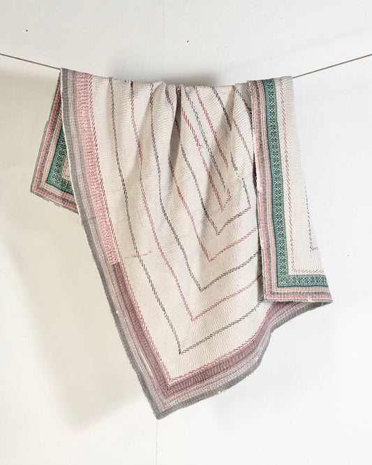 Heavy Fine Stitched Embroidered Vintage Kantha Quilt in White and Pink
