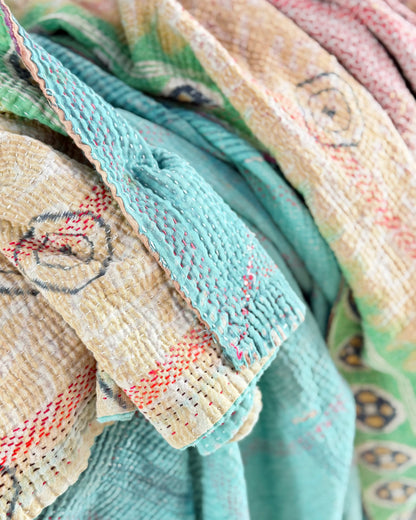 Large Embroidered Vintage Kantha Quilt in Pink, Green and Blue