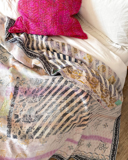 Textured Vintage Kantha Quilt in Pastel Floral with Grey Stripes - Biggs & Hill