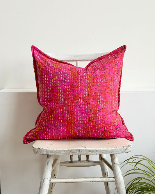 Pink Floral Block Printed Hand Stitched Square Kantha Cushion