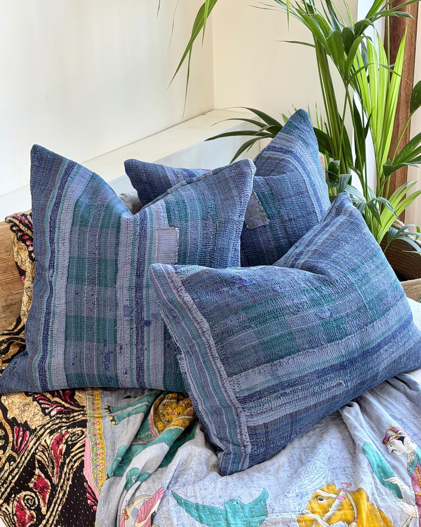 Handmade Vintage Kantha Cushion In Deep Blue - 50cm Square - Biggs & Hill