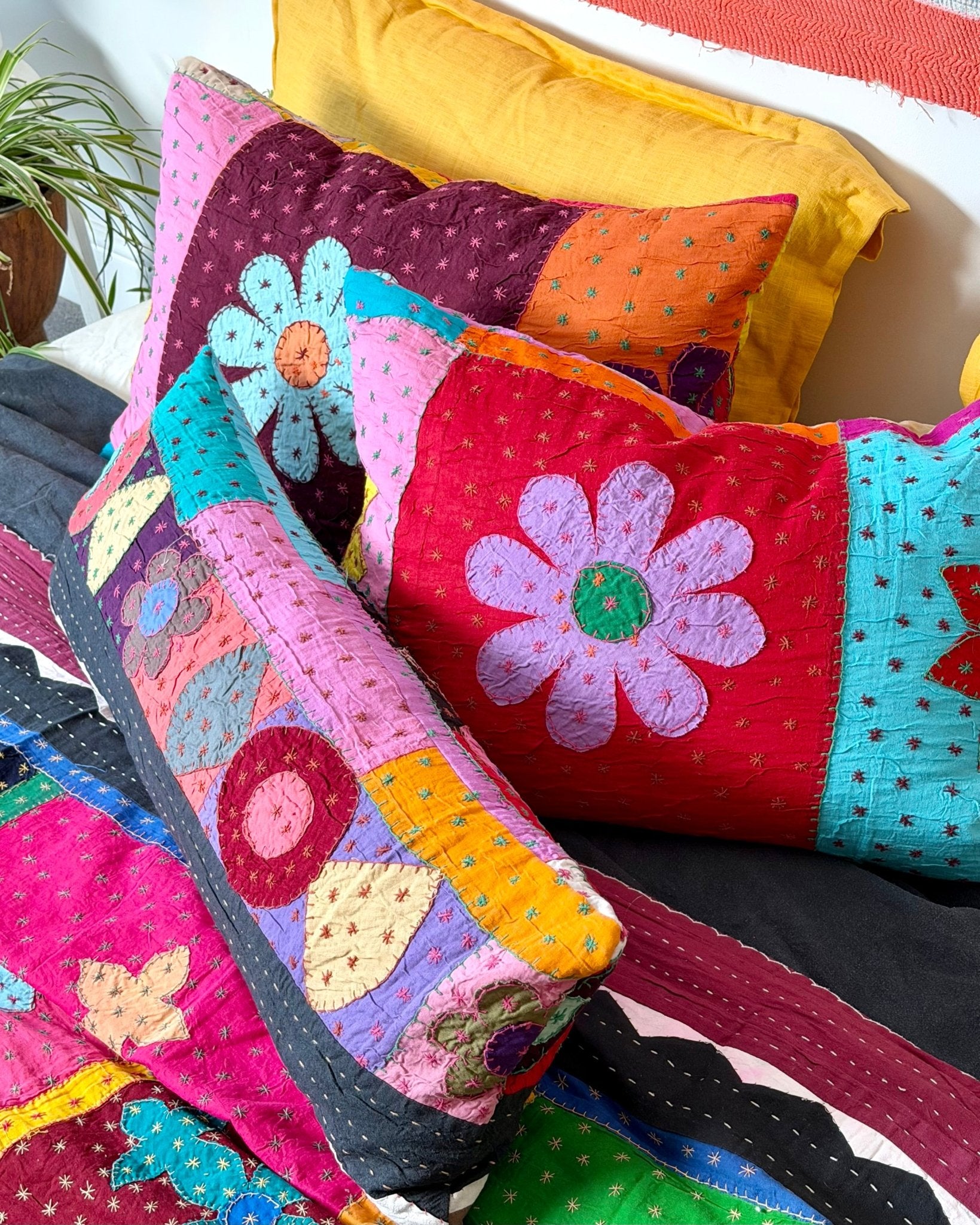 Reversible Hand Stitched Patchwork Pillow Cover 02 - Biggs & Hill