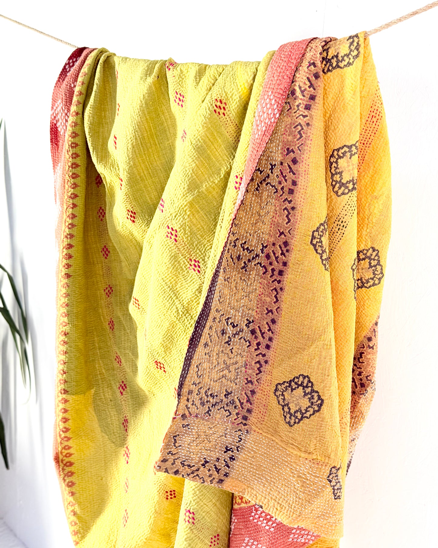 Large Embroidered Vintage Kantha Quilt in Yellow and Orange