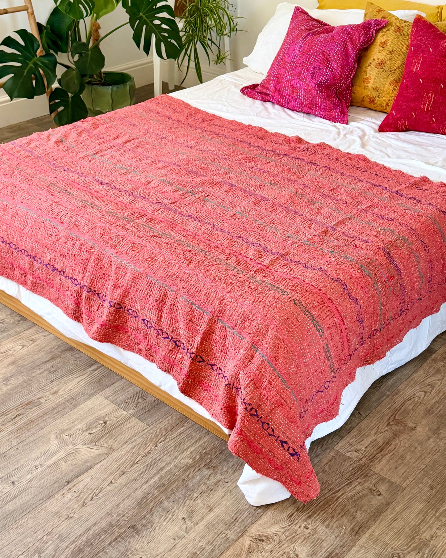 Textured and Embroidered Vintage Kantha Quilt In Deep Pink