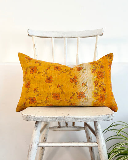 Vintage Kantha Cushion In Yellow Floral- Small Rectangular