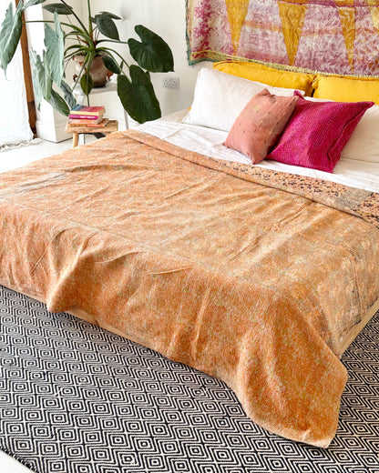 Extra Large Large Fine Stitched Vintage Kantha Quilt in Peachy Pink