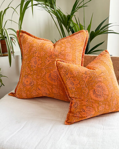 Sunset Orange Floral Block Printed Hand Stitched Square Kantha Cushion