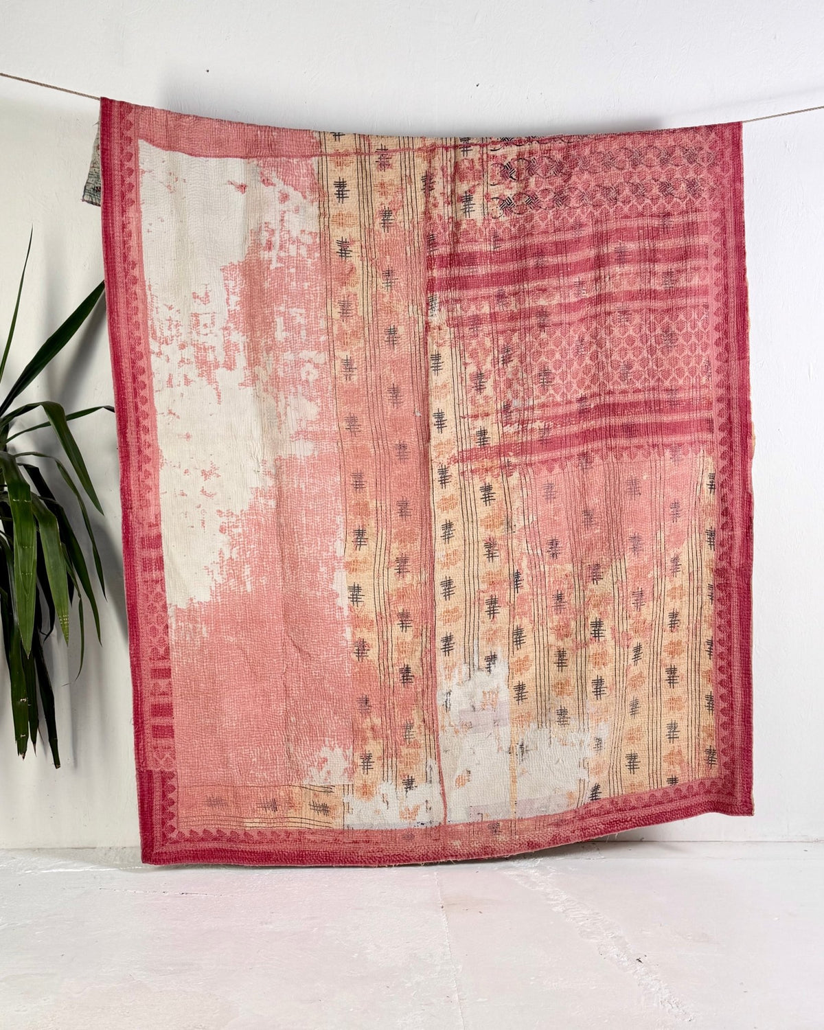 Large Textured Vintage Kantha Quilt in Peachy Pink and Yellow - Biggs & Hill