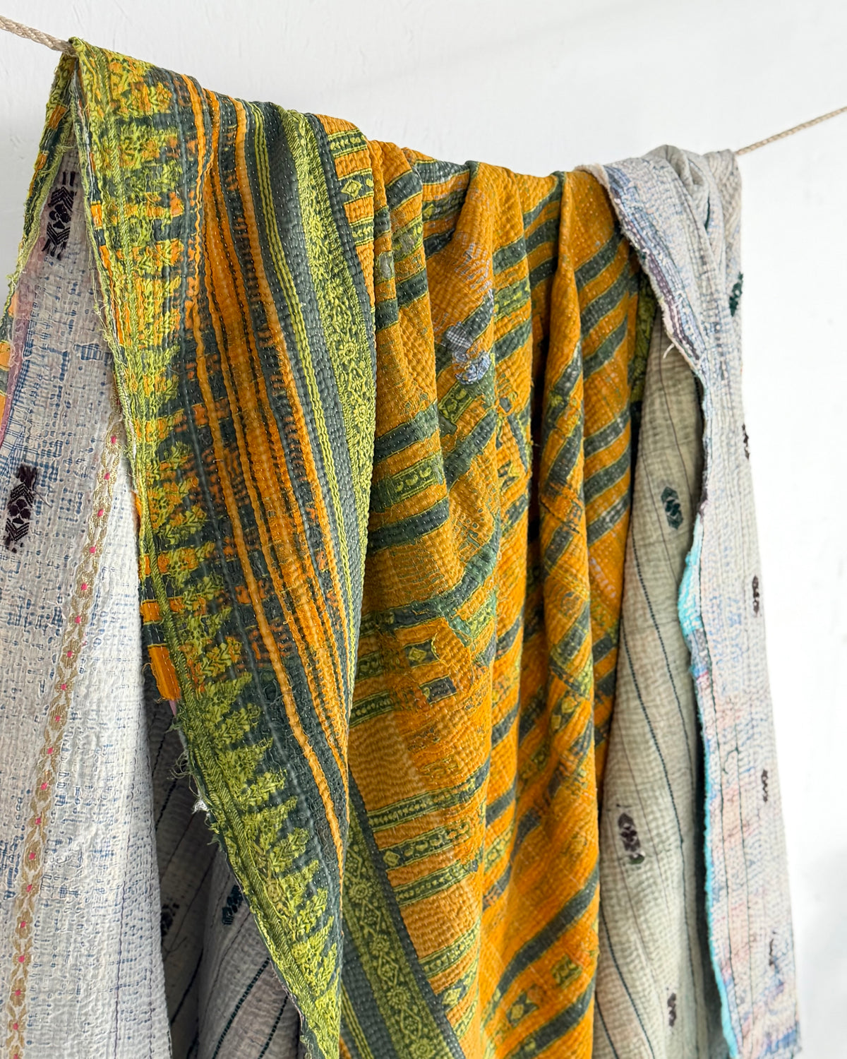 Textured Vintage Kantha Quilt In Orange, Green and White