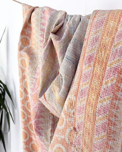 Textured Vintage Kantha Quilt In Pink and Yellow