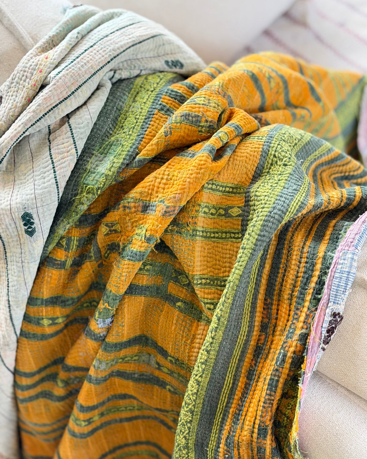 Textured Vintage Kantha Quilt In Orange, Green and White