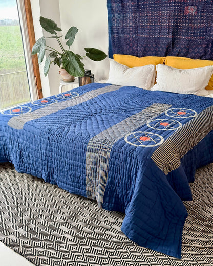 Quilted Kantha In Blue and Yellow With Geometric Patterns - SUPER KING - Biggs & Hill