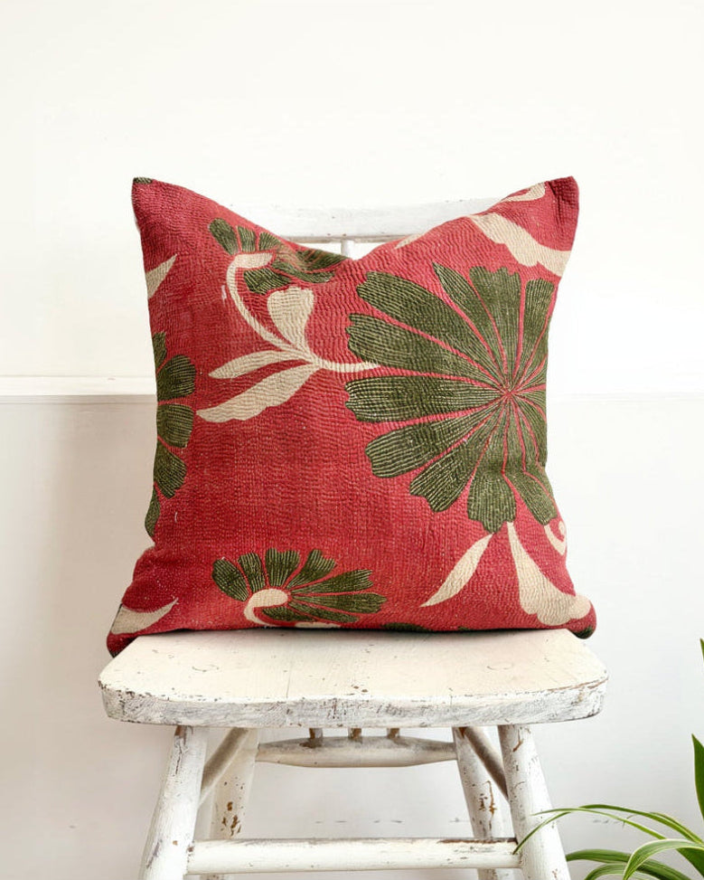 Vintage Kantha Cushion In Green and Pink- 45cm Square