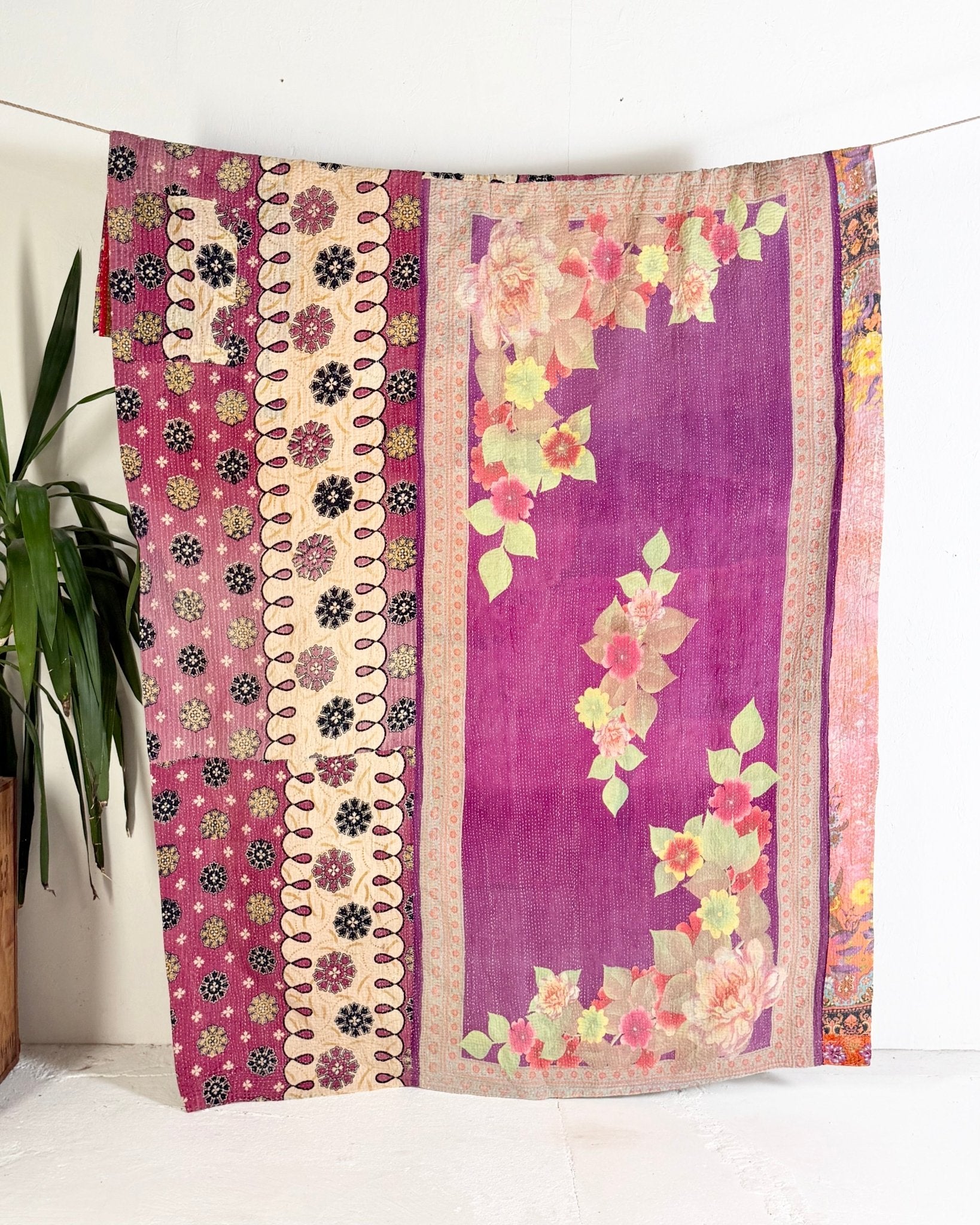 Large Fine Stitched Vintage Kantha Quilt in Pink, Green and Purple Florals - Biggs & Hill