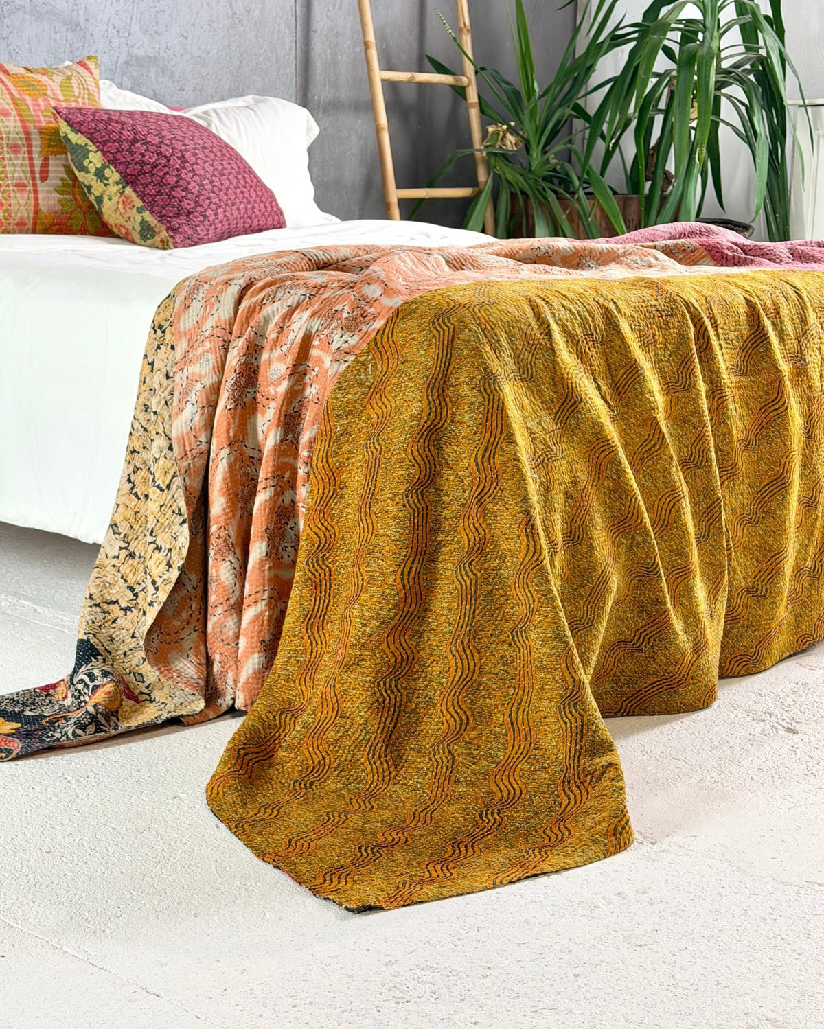 Fine Stitched Vintage Kantha Quilt in Peachy Pink and Mustard - Biggs & Hill