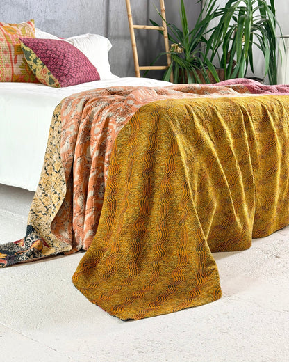 Fine Stitched Vintage Kantha Quilt in Peachy Pink and Mustard - Biggs & Hill