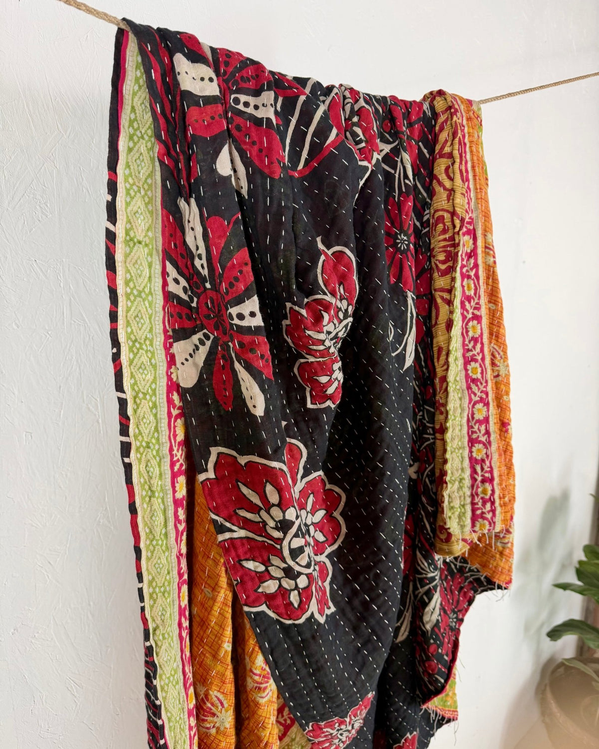 Vintage Cotton Kantha Quilt In Orange and Black 13 - Biggs & Hill