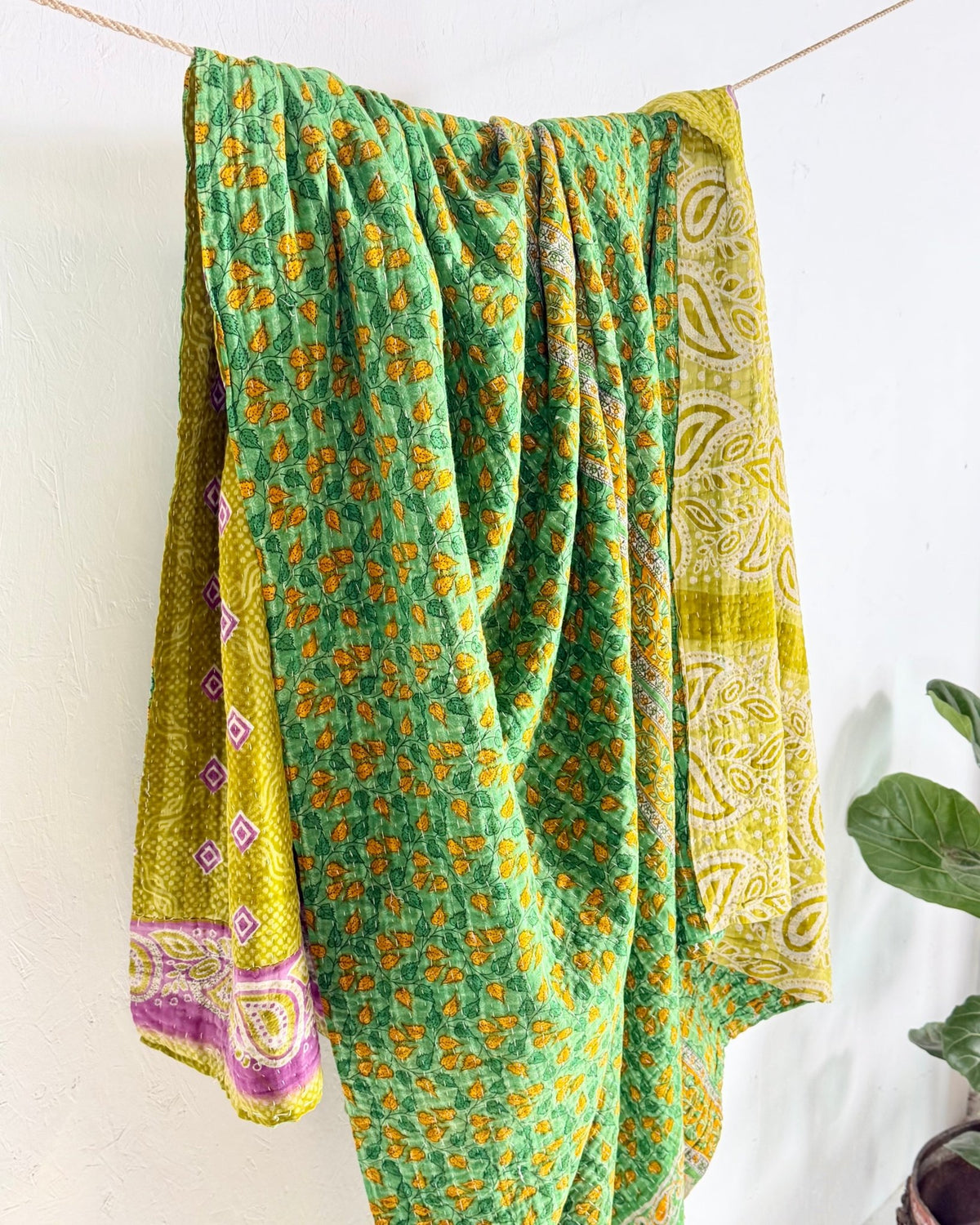 Large Fine Stitched Vintage Kantha Quilt in Green - Biggs & Hill