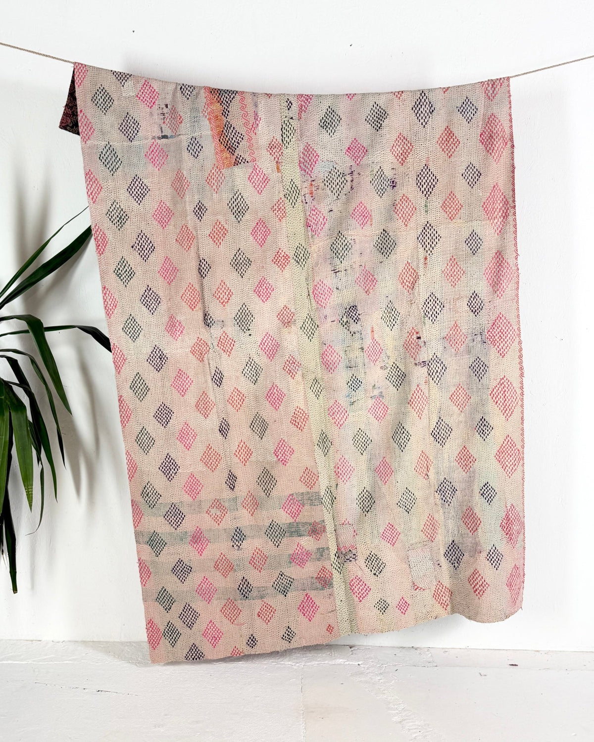 Embroidered Vintage Kantha Quilt in Pink and White - Biggs & Hill