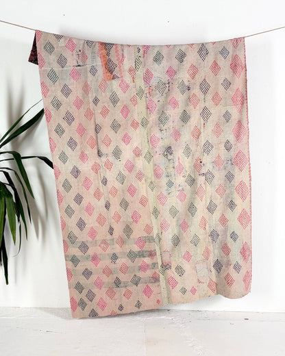 Embroidered Vintage Kantha Quilt in Pink and White - Biggs & Hill