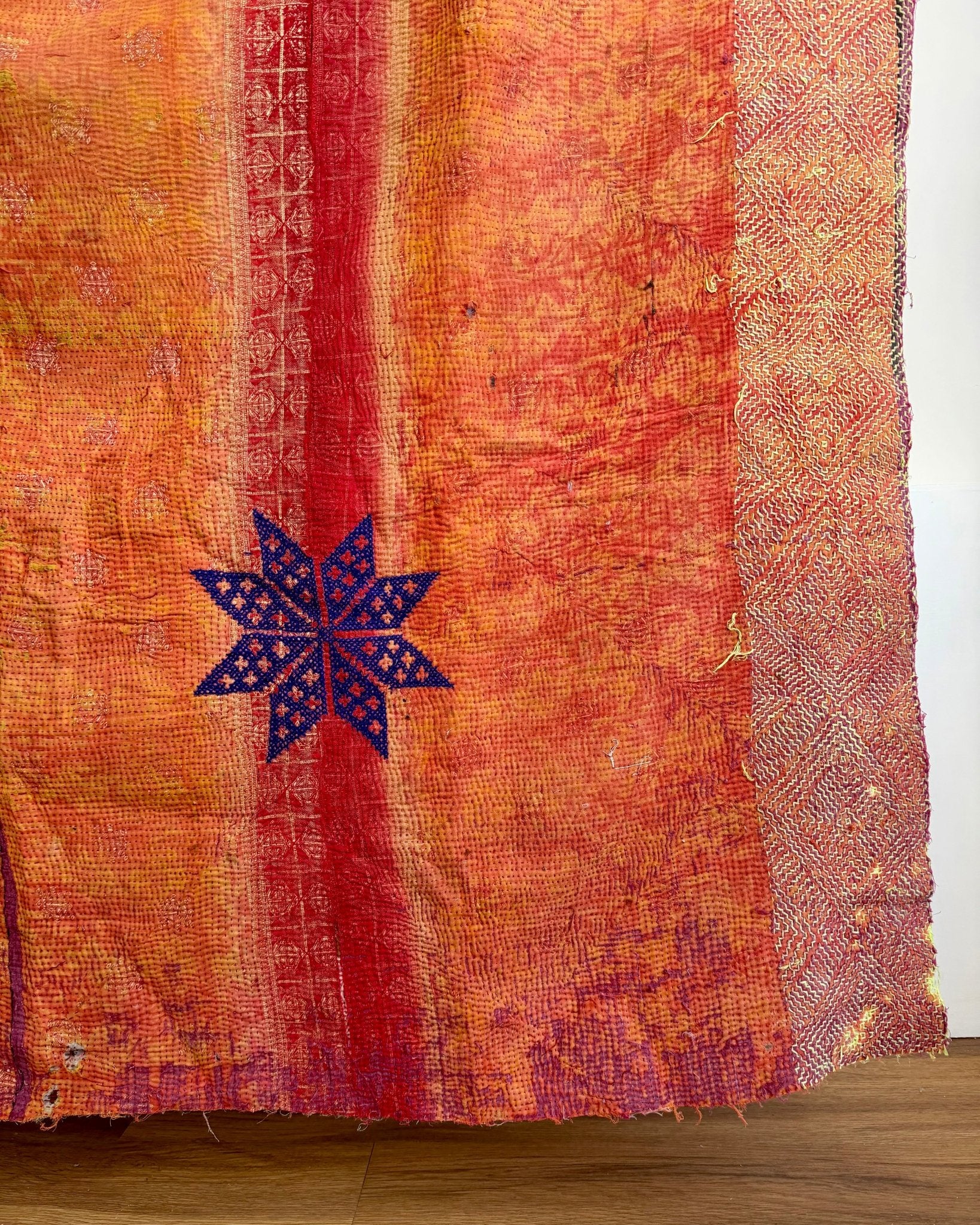 Project Kantha Quilt: Orange and Green With Cross Stitch Stars - Biggs & Hill