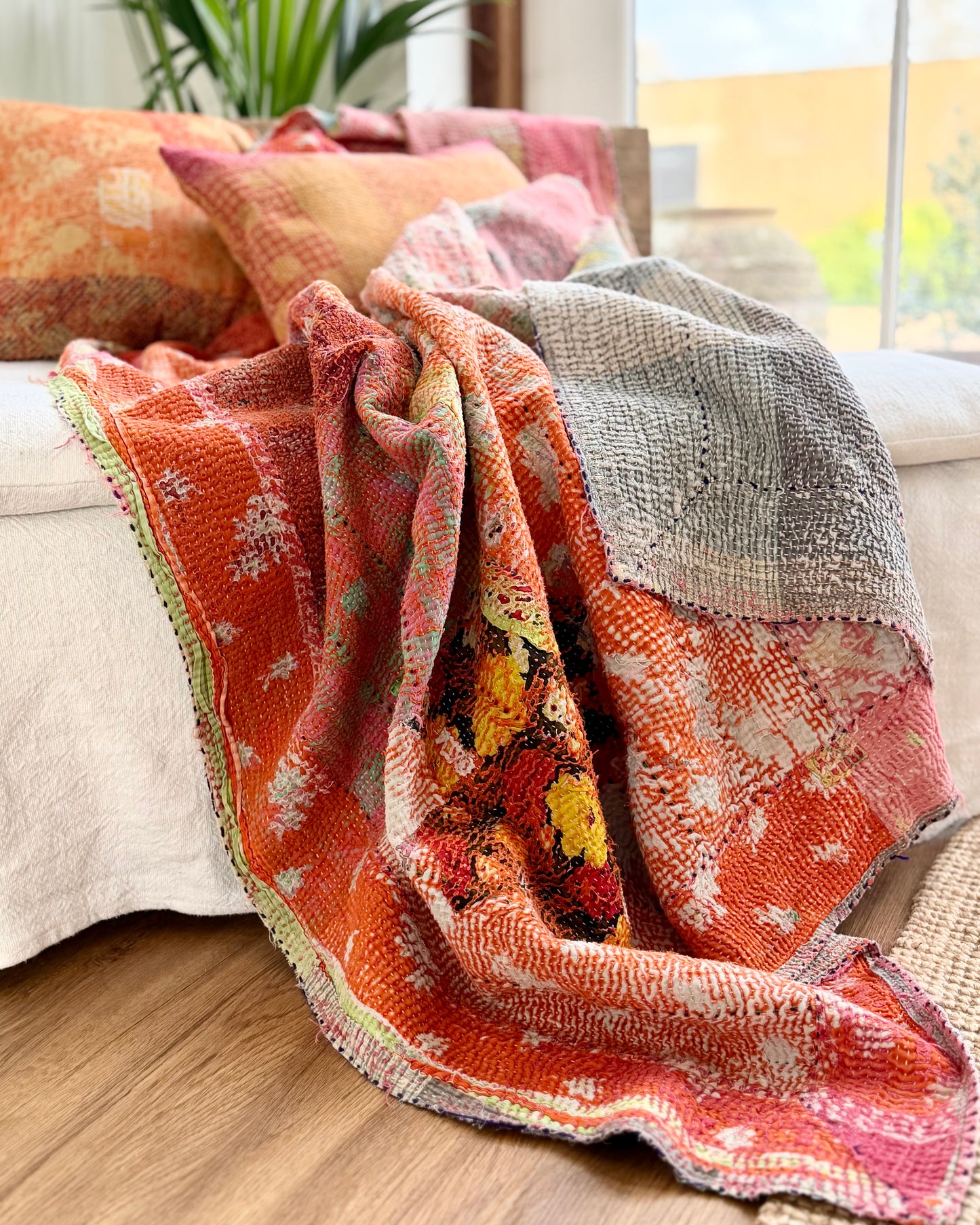 Vintage Kantha Quilt in Pink, Orange and Blue