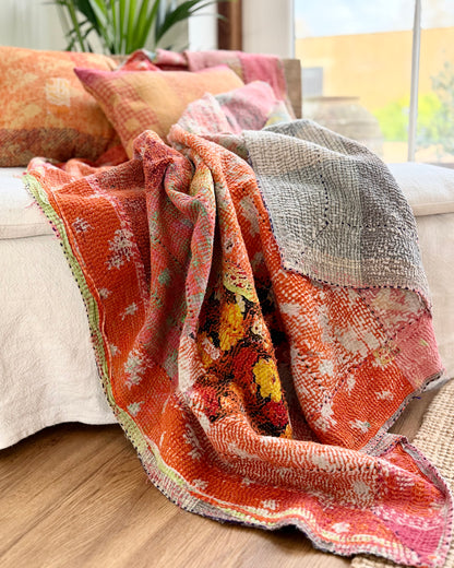 Vintage Kantha Quilt in Pink, Orange and Blue