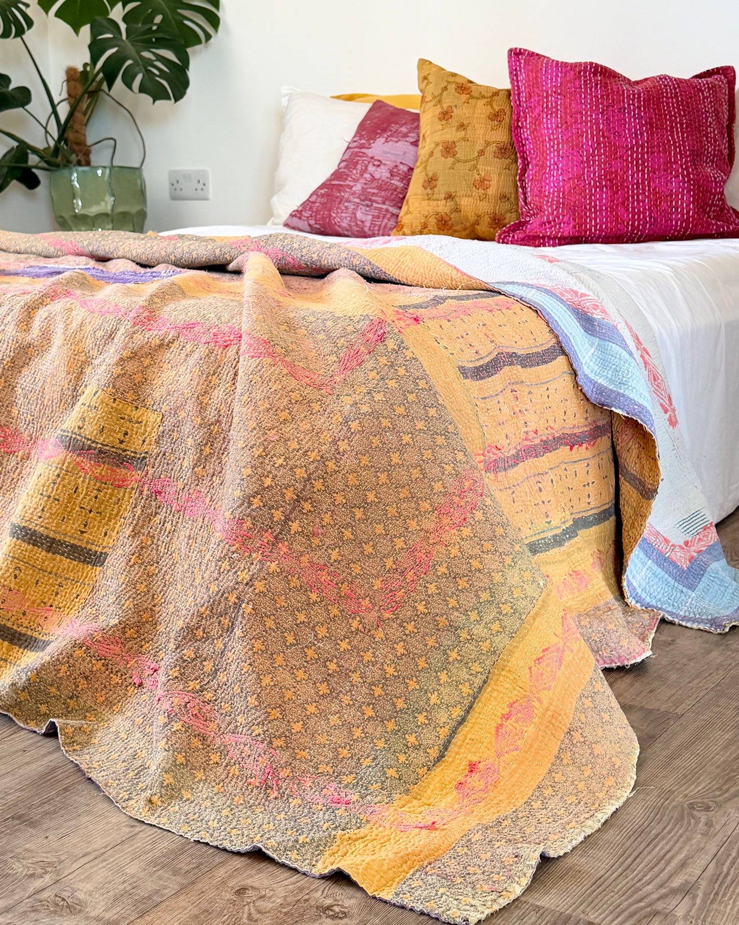Embroidered Vintage Kantha Quilt in Yellow, Pink and White