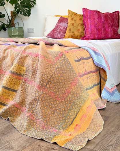 Embroidered Vintage Kantha Quilt in Yellow, Pink and White