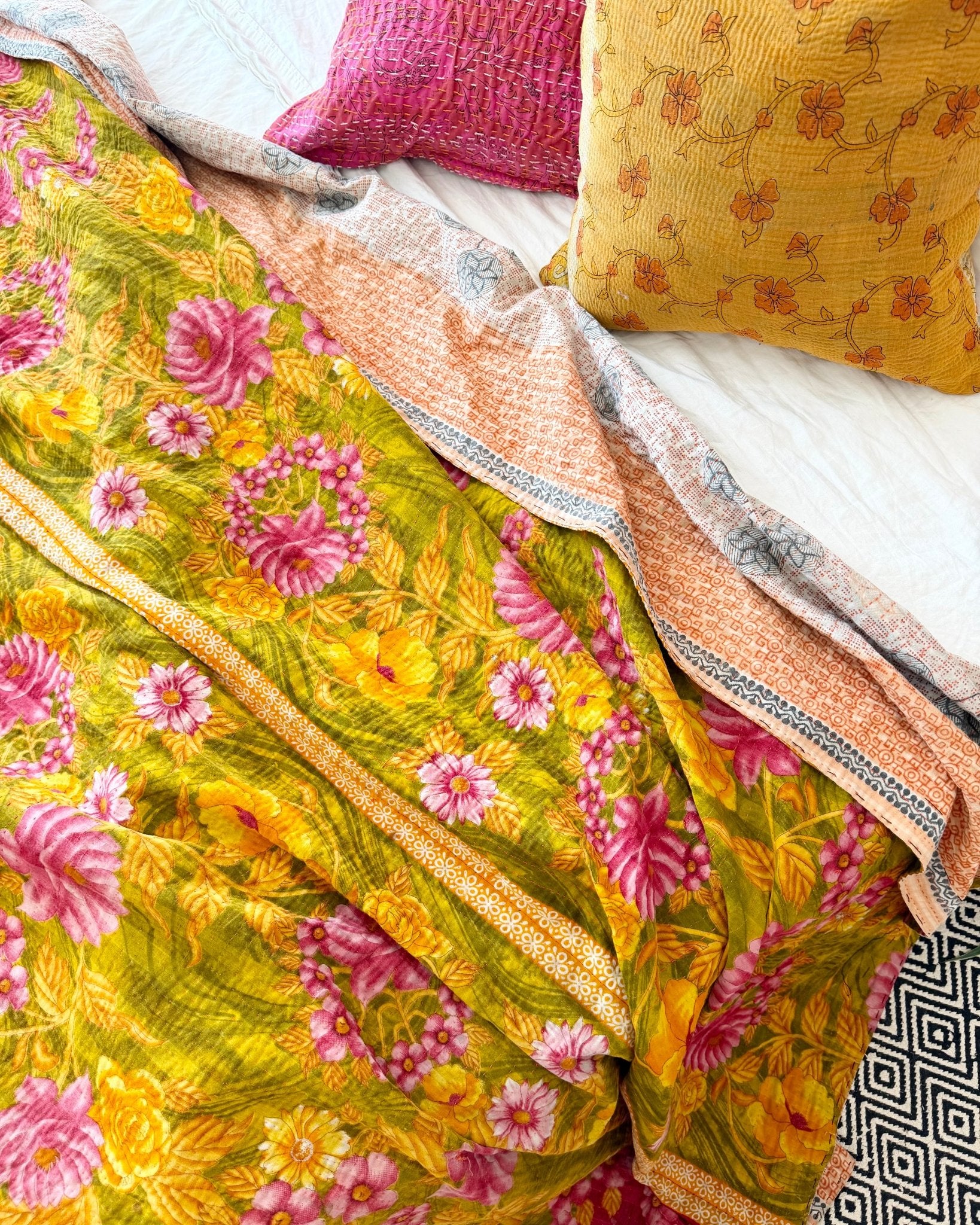 Large Fine Stitched Vintage Kantha Quilt in Bold Pink and Yellow Floral - Biggs & Hill
