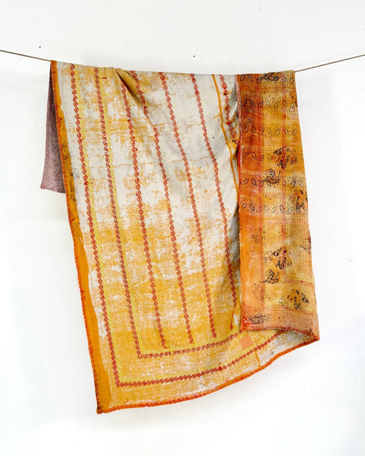 Embroidered Vintage Kantha Quilt in Yellow and Pink - Biggs & Hill