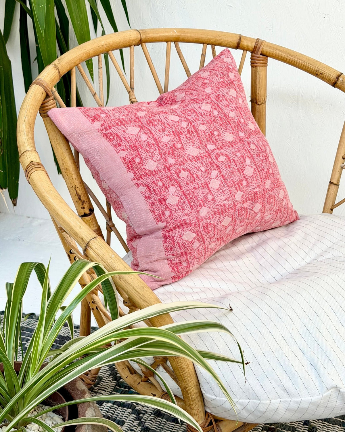 Handmade Vintage Kantha Cushion Cover In Pink- 45cm (18") Square - Biggs & Hill