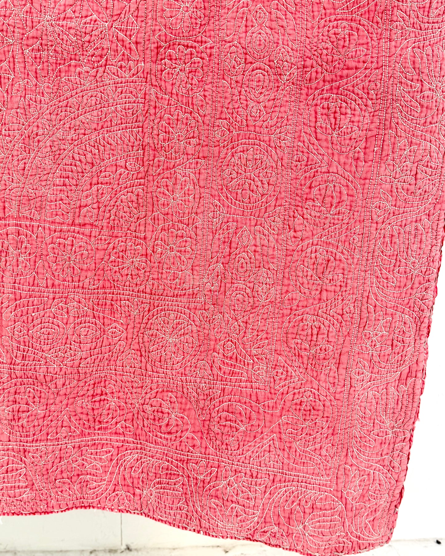 Embroidered Sujini Vintage Kantha Quilt In Faded Pink With Lotus Flower