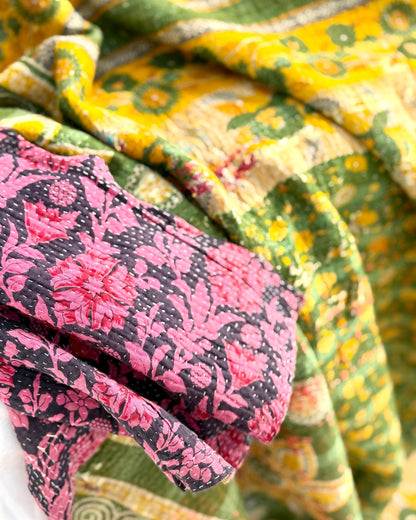 Large Fine Stitched Vintage Kantha Quilt in Bright Pink and Green - Biggs & Hill