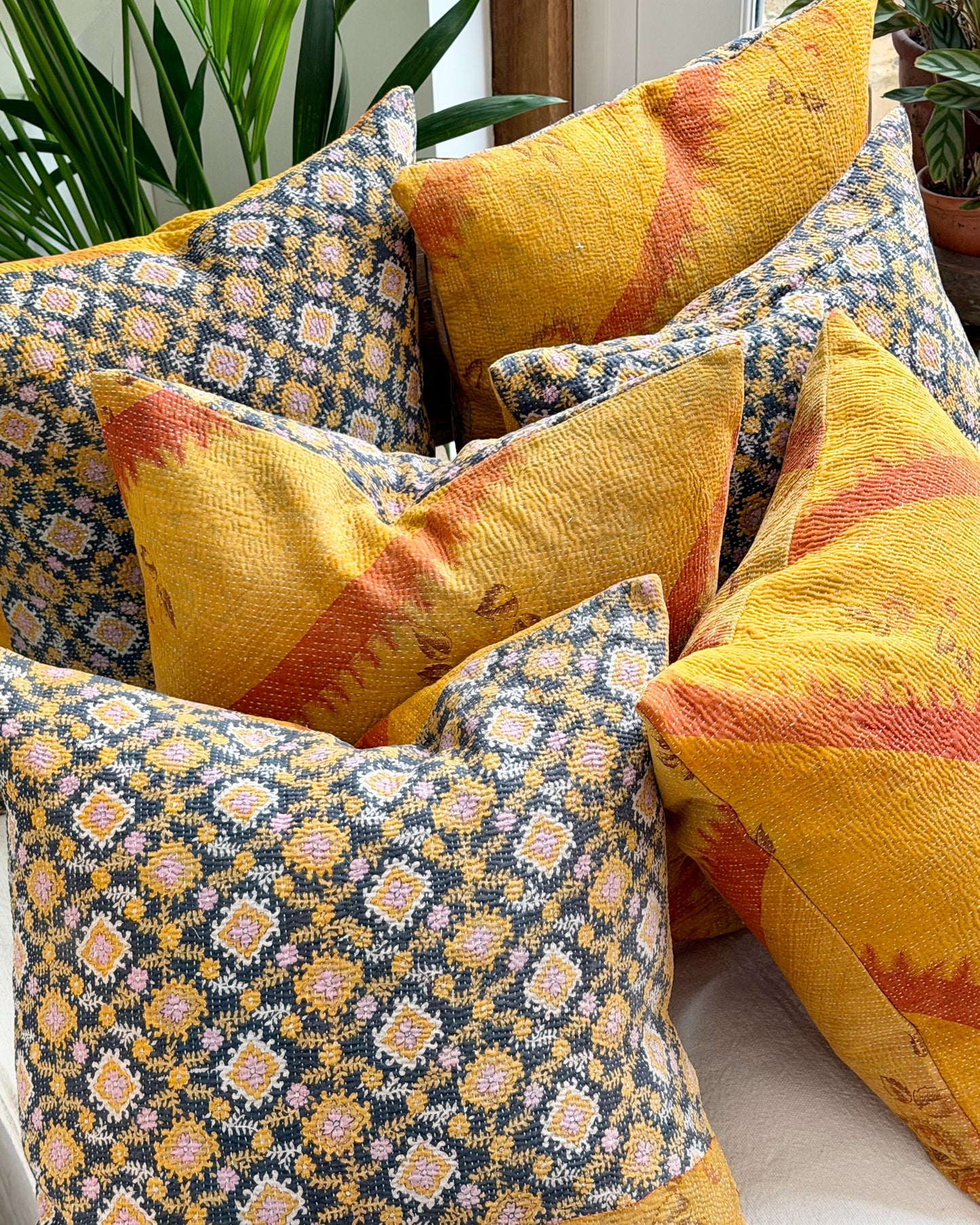 Vintage Kantha Cushion In Yellow and Blue - 45cm Square