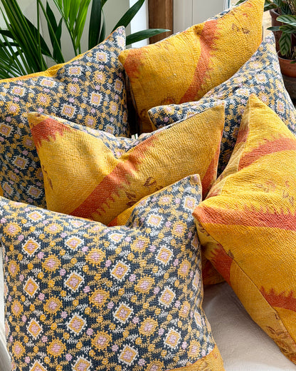 Vintage Kantha Cushion In Yellow and Blue - 45cm Square