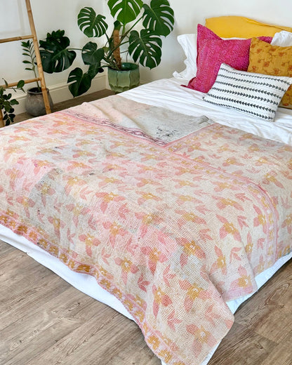 Fine Stitched Vintage Kantha Quilt in Vibrant Pink and Grey Patchwork - Biggs & Hill