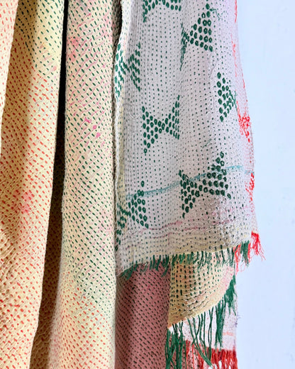 Embroidered Vintage Kantha Quilt in Peachy Pink, Yellow and White - Biggs & Hill