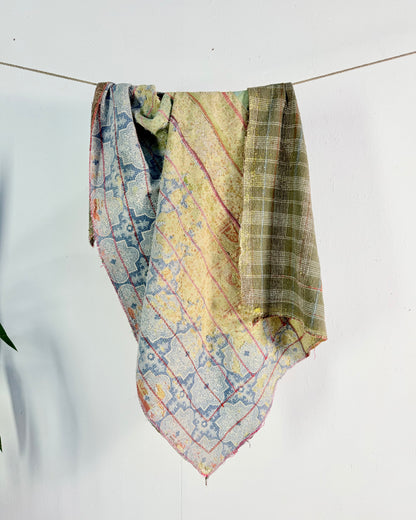 Project Kantha Quilt: Blue, Yellow and Green With Authentic Aged Texture