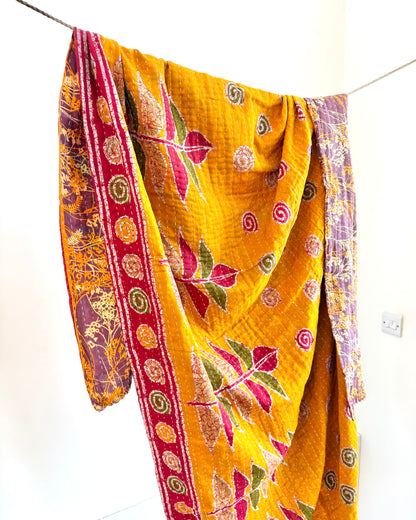 Vintage Cotton Kantha Quilt In Yellow And Lilac #35