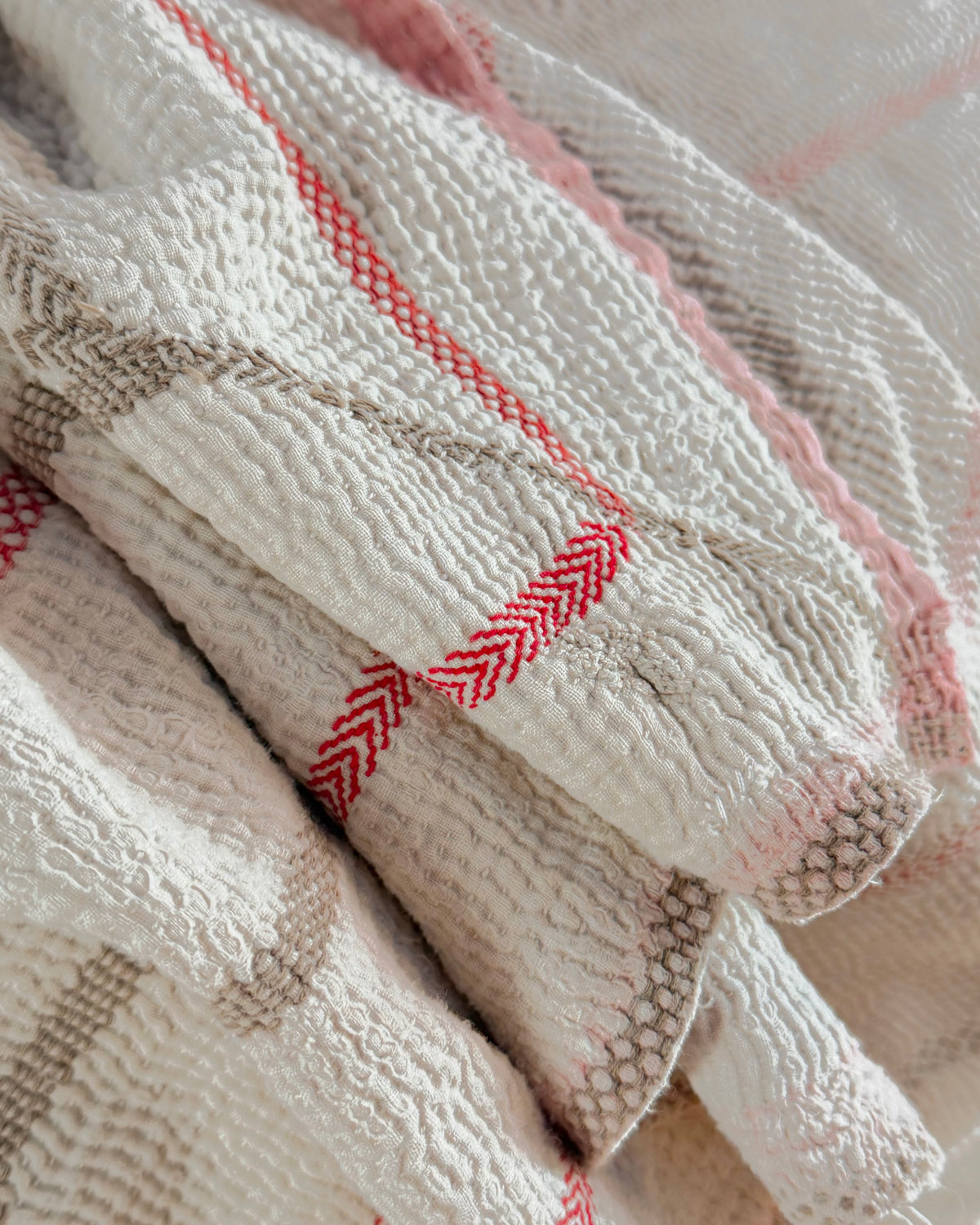 Embroidered Antique Vintage Kantha Quilt in White and Pink