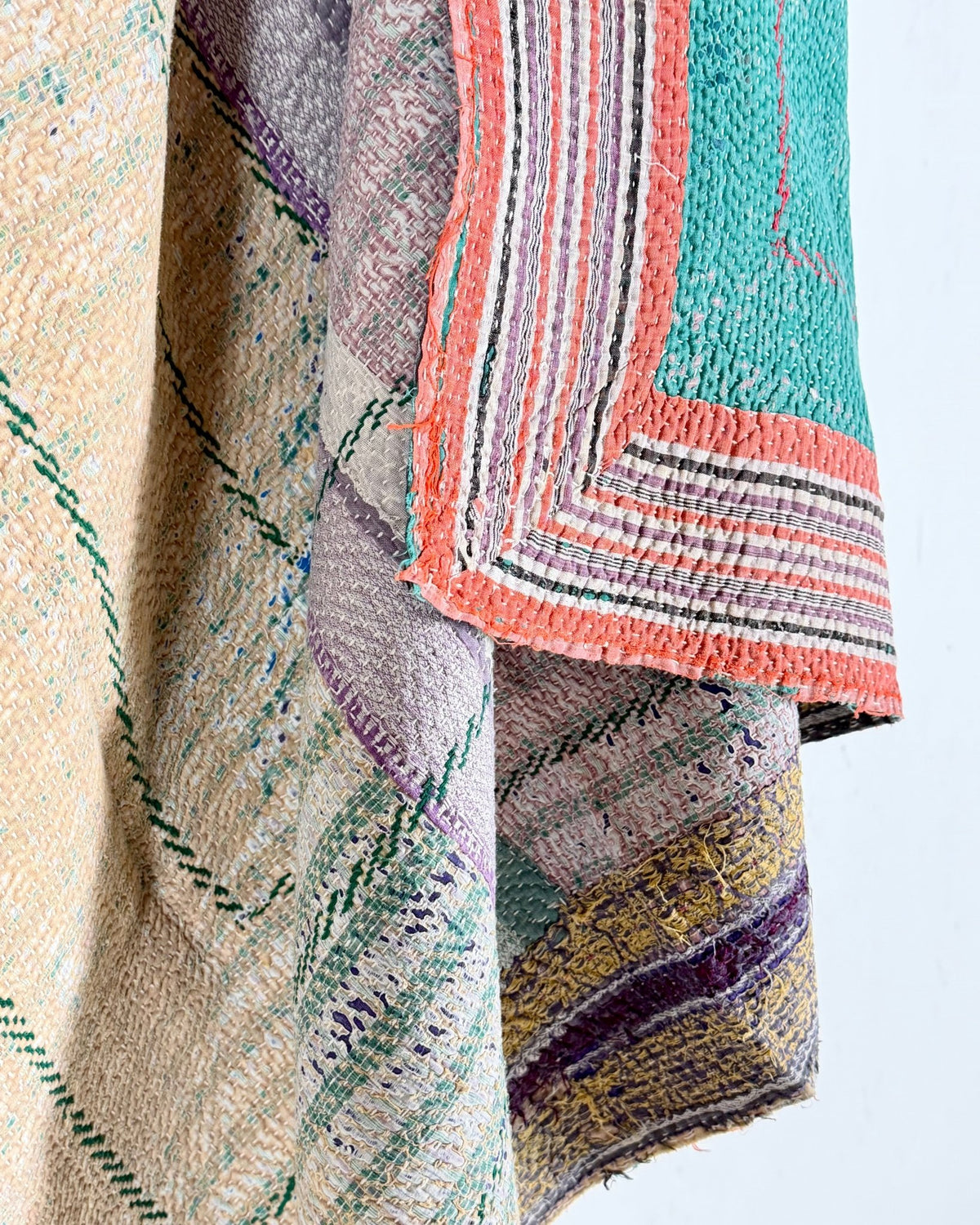 Embroidered Vintage Kantha Quilt in Pink and Turquoise - Biggs & Hill